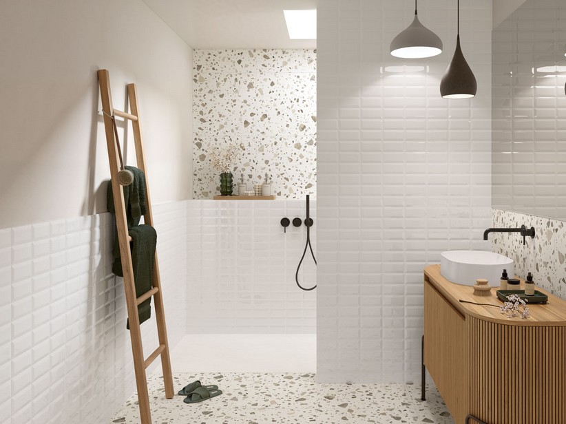 "Rivestimento in pasta bianca formato 7,5x15 cm colore bianco lucido, ideale per bagni e cucine in stile moderno e vintage minimalista"