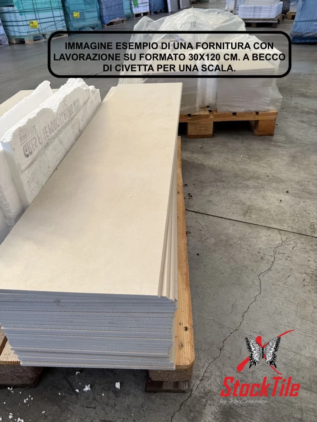 Lavorazione con smusso a becco di civetta. Formato 30x120 cm.